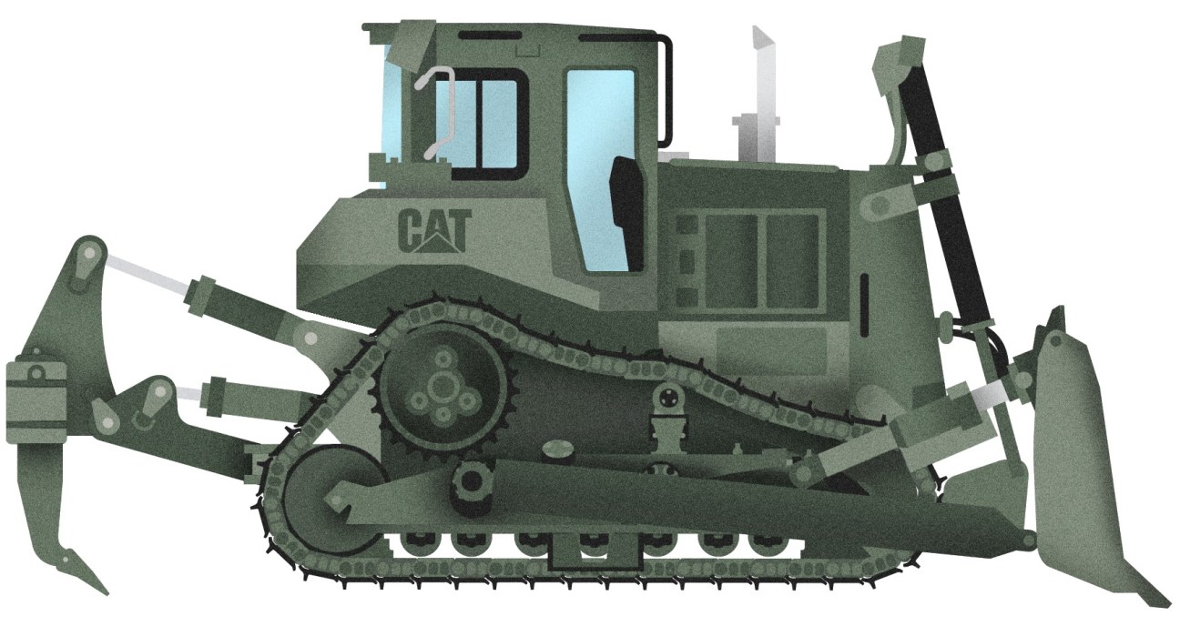 Illustrated green Caterpillar bulldozer with tracked treads and articulated blade attachment, shown in side profile.