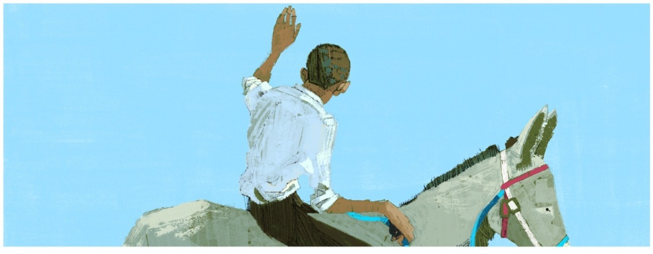 Illustration of a figure with raised fist standing on a horse against a blue sky.