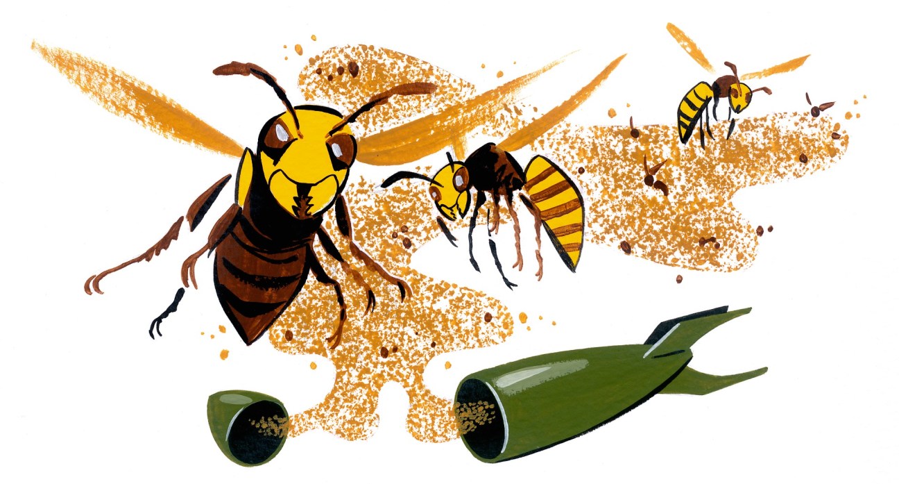 Illustration of wasps and hornets with military weapons including bombs and ammunition.