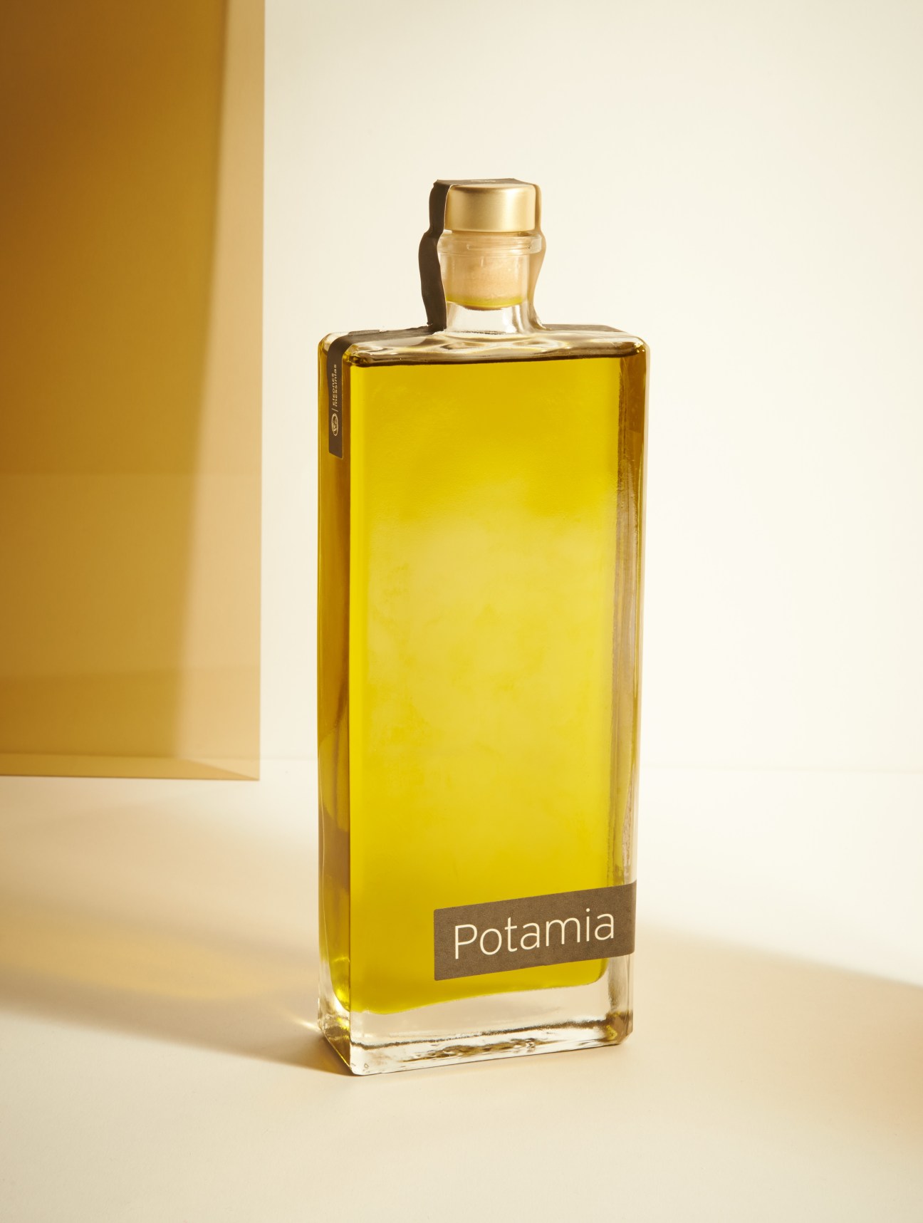 Bottle of Eleones Messinias Potamia extra virgin olive oil with gold cap and dark label.