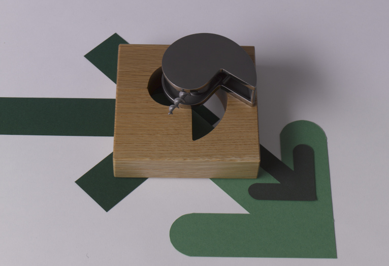 FZB Nautilus bottle opener with stainless steel spiral in solid oak case.