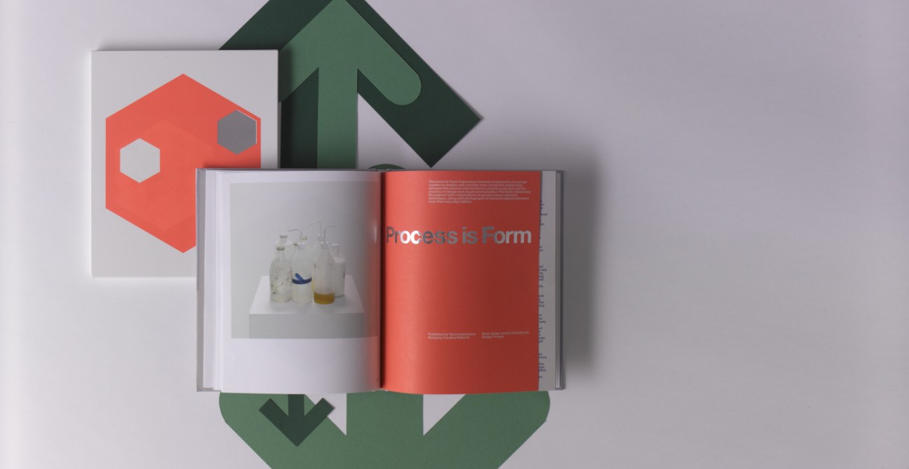 Process is Form book by Team Impression displayed open with industrial objects and coral cover design.