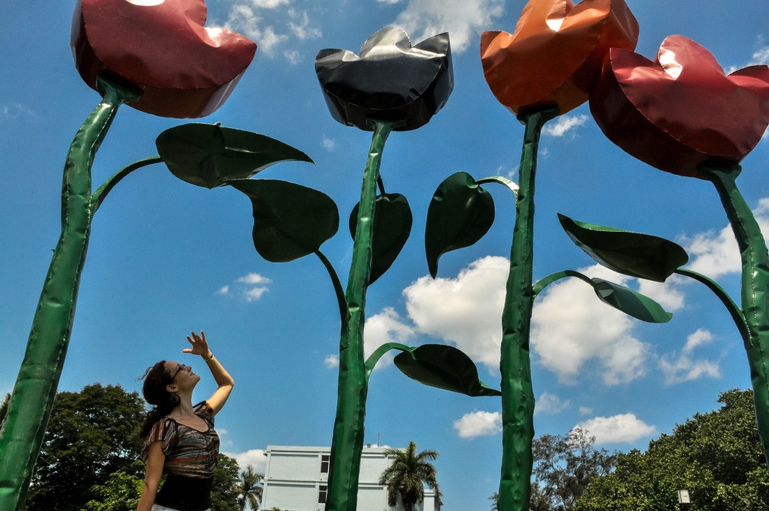Woman looking up at oversized sculptural flowers with red petals and green stems against a blue sky