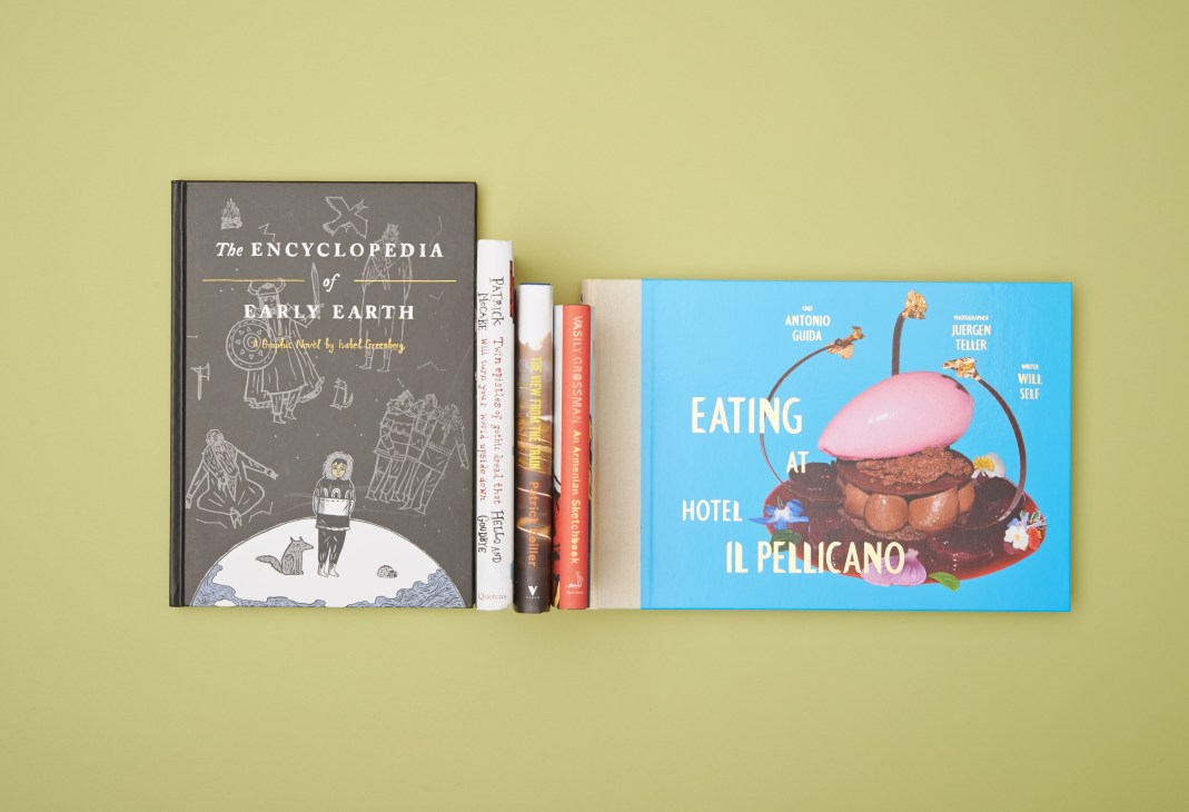 A collection of books on a yellow-green background, including The Encyclopedia of Early Earth by Isabel Greenberg and Eating at Hotel Il Pellicano.