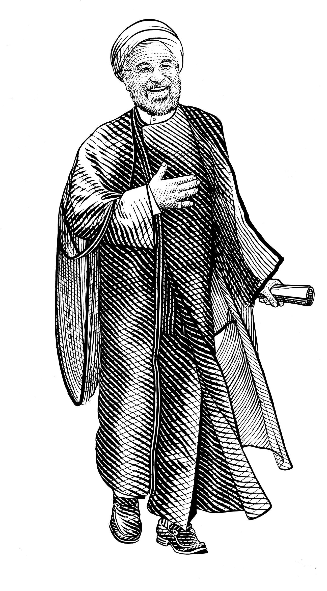 Ink illustration of Hassan Rouhani wearing a white turban, rimless glasses, black wool robes with grey inner tunic, and full beard.
