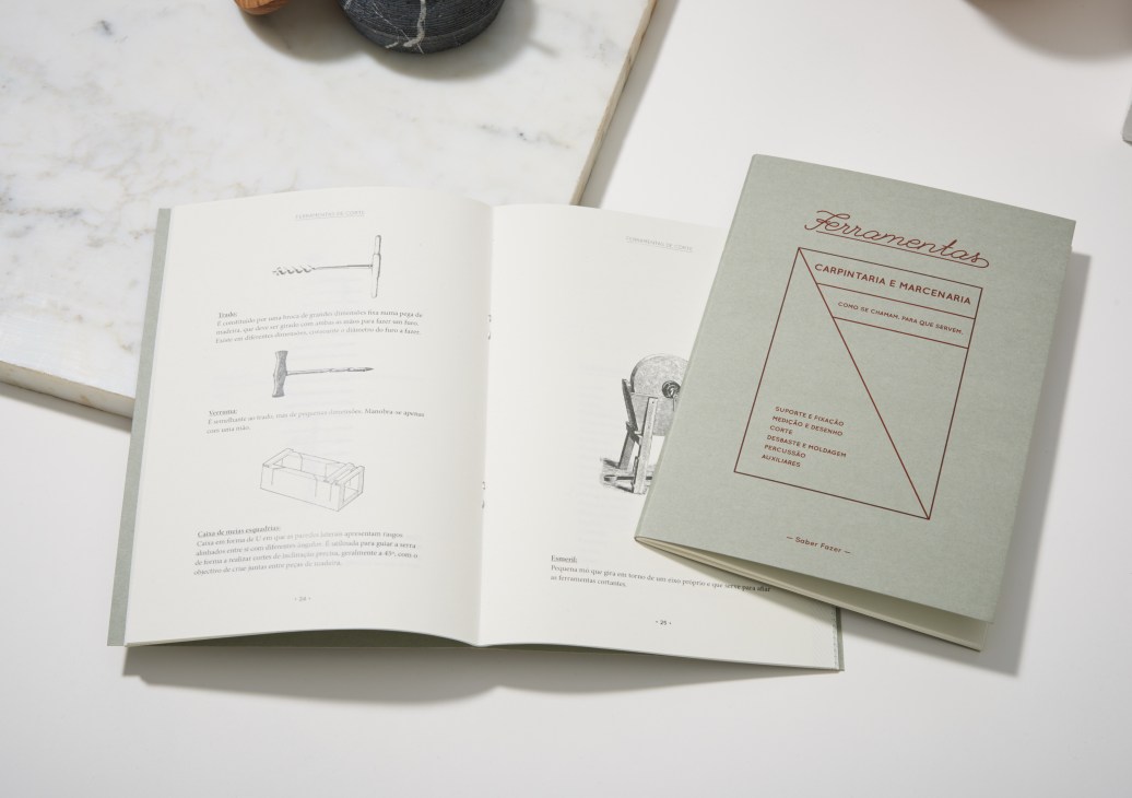 Open Portuguese woodworking book Ferramentas by Alice Bernardo with 19th-century tool illustrations, shown with green cover titled Saber Fazer.