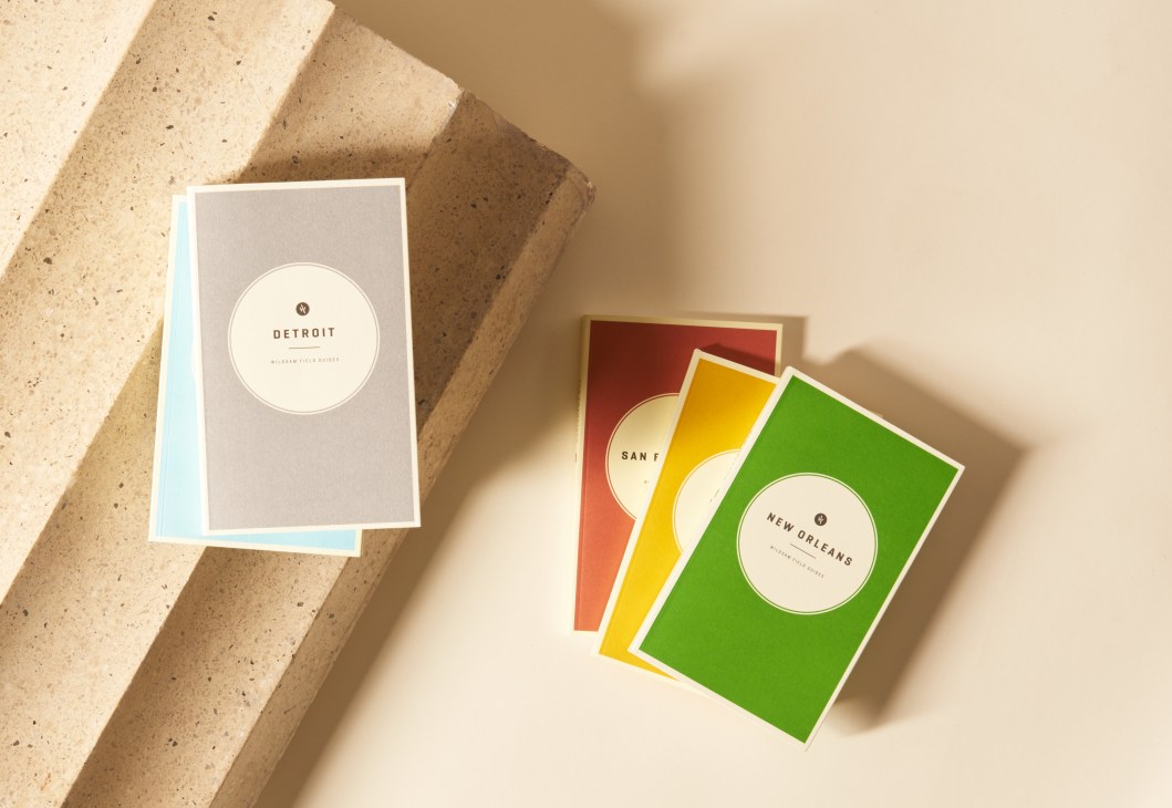 Wildsam travel guides displaying Detroit, San Francisco, and New Orleans covers on a textured surface.