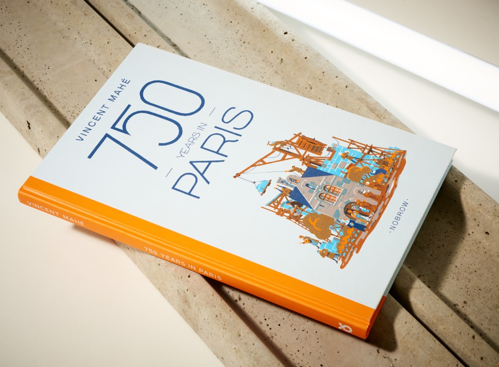 Book cover titled '750 Years in Paris' by Vincent Mahé published by Nobrow, featuring orange spine and illustrated architectural building detail.