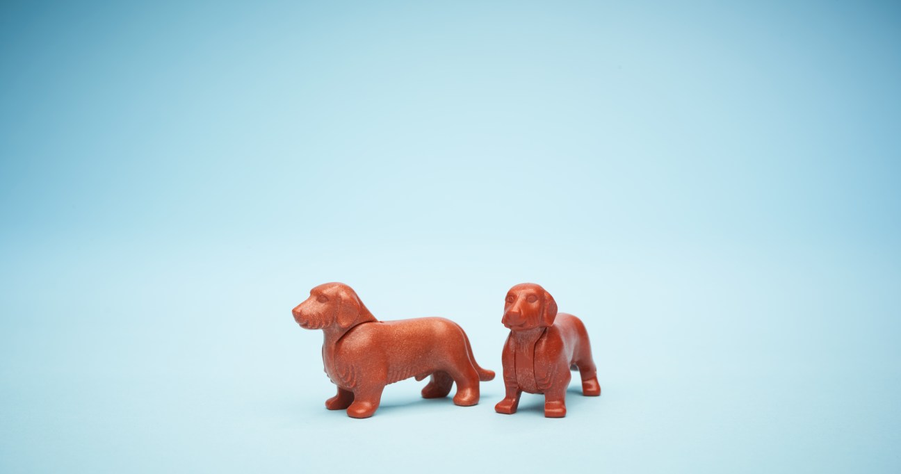 Two red dachshund figurines on a light blue background.
