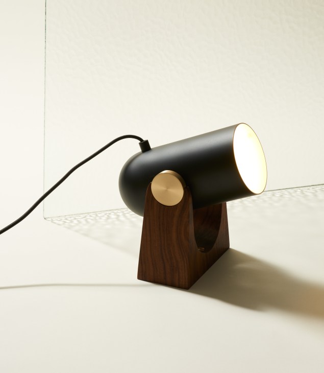 Le Klint Carronade lamp with black steel cannon-shaped body, walnut base and brass details