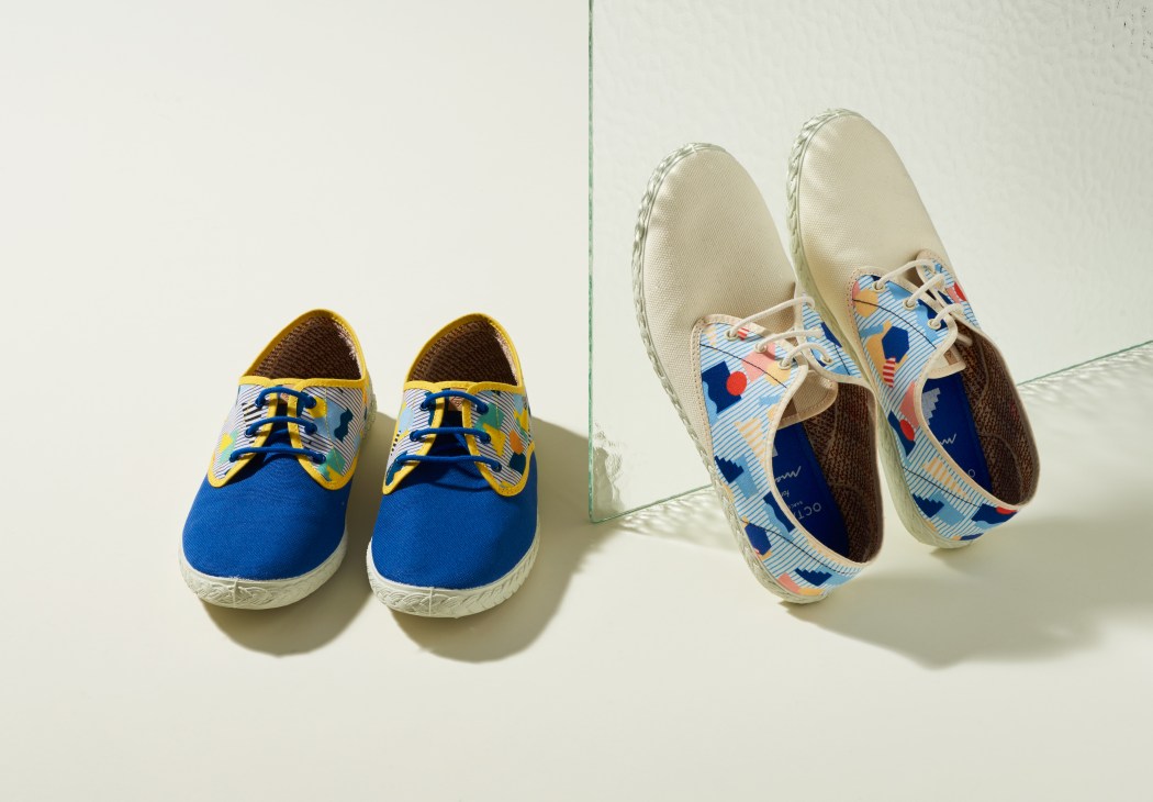 Octaevo x Maians collaborative summer shoes featuring blue canvas with colorful geometric patterns and white rope soles.
