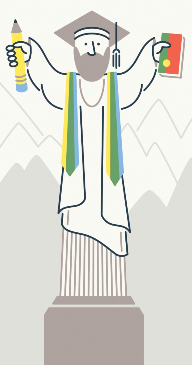 Illustration of a bearded academic figure holding a pencil and book, symbolizing education and knowledge.