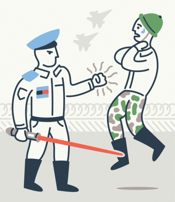 Illustration of a military officer in blue uniform shaking hands with a soldier in camouflage, with fighter jets in the background.