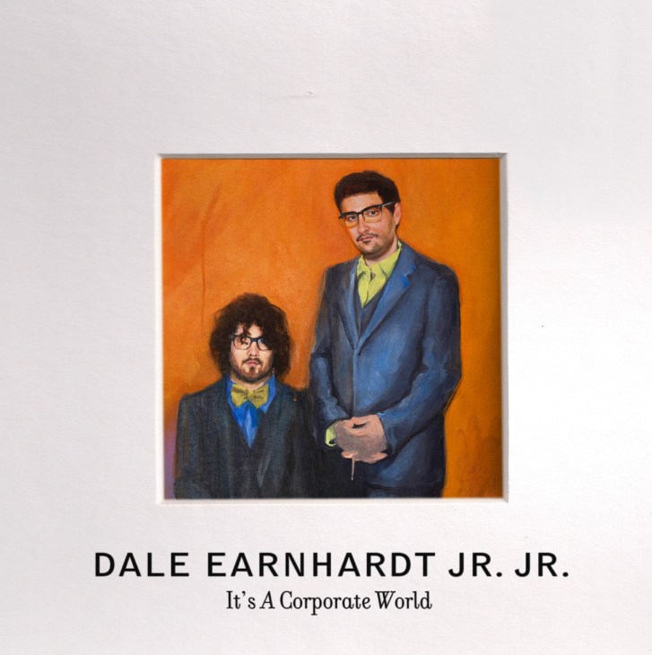 Painted portrait of two men wearing glasses and colored shirts against an orange background.