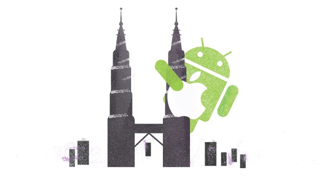 Illustration of Big Ben with green Android mascot climbing the tower