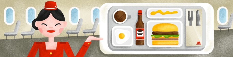Illustration of Japan Airlines flight attendant presenting an airplane meal tray with burger, egg, beverage and condiments.