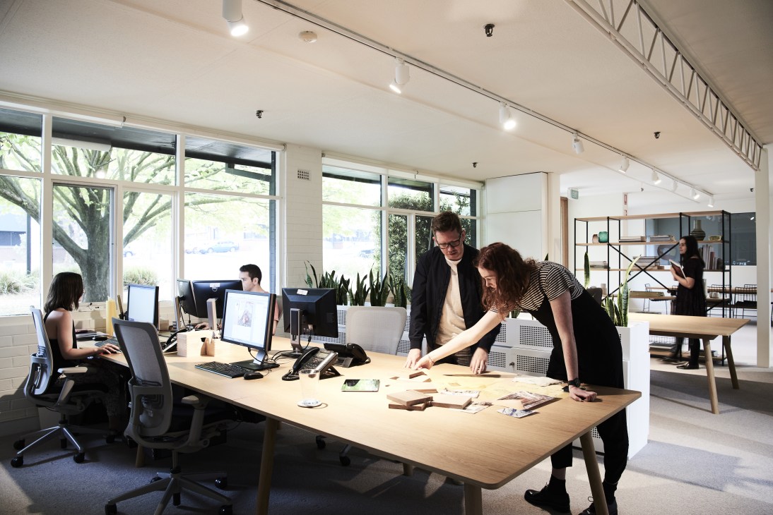 Jardan Lab team members working at wooden desks in a bright, modern office space with large windows and plants.