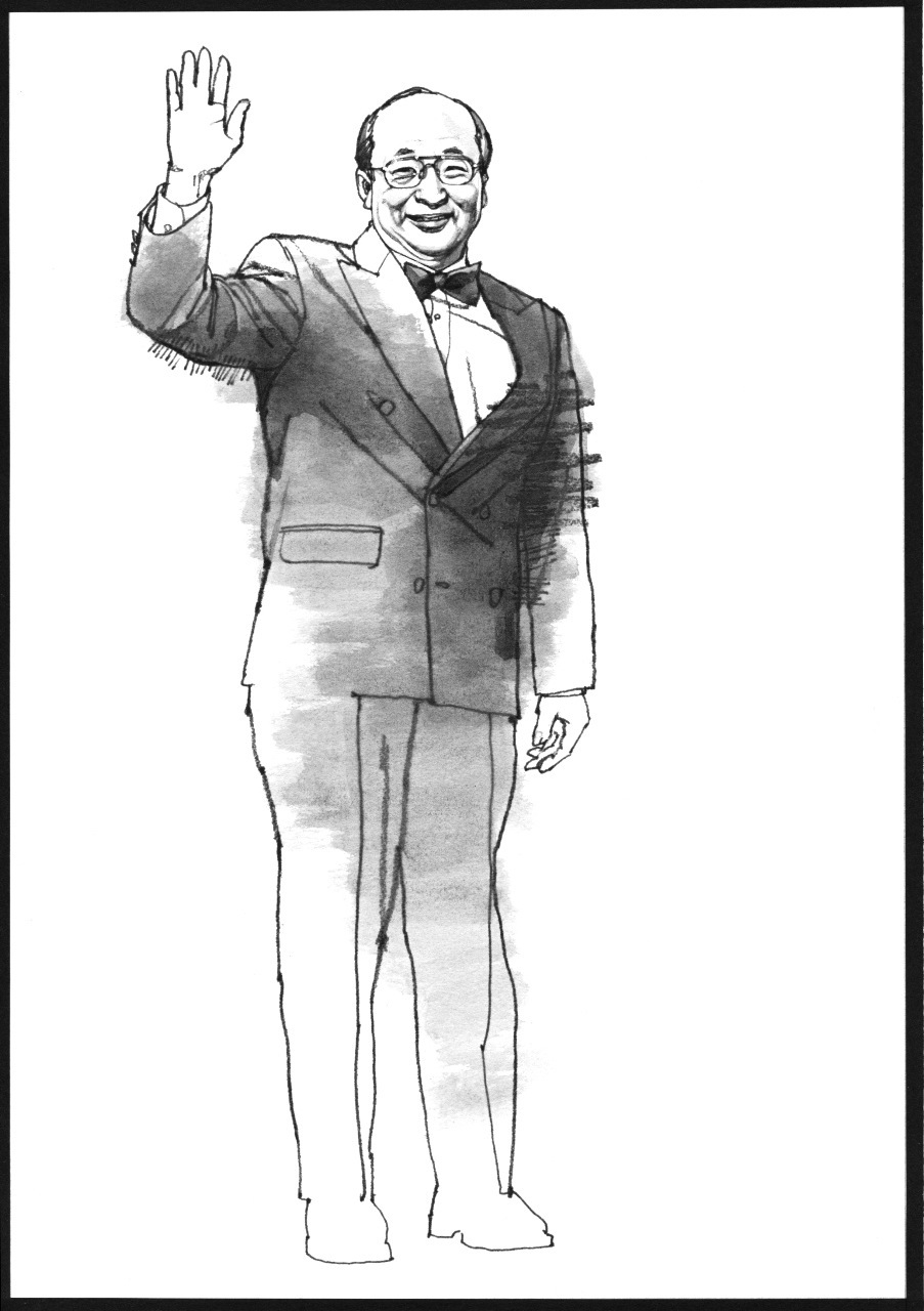 Sketch illustration of Jason Hu, mayor of Taichung, waving in a formal suit and bow tie.