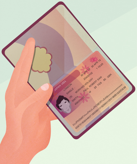 Illustration of a hand holding a passport with visa stamps and documents.