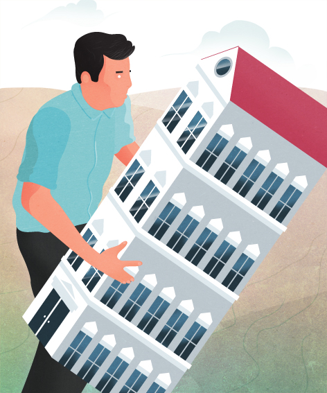 Illustration of a man carrying a tilted modern building with red roof and dark windows.