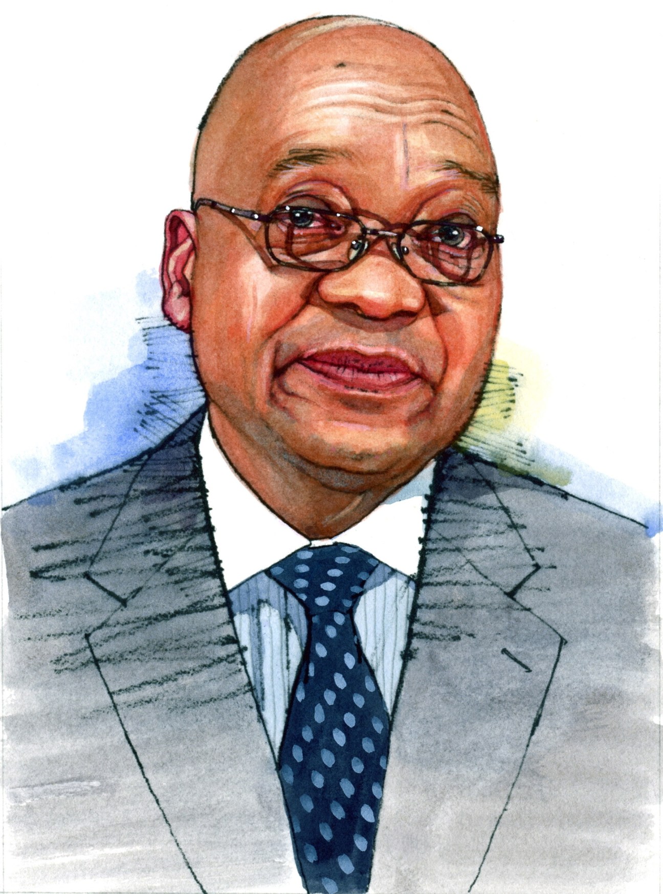 Illustration of Jacob Zuma wearing glasses, a gray suit jacket, and blue polka dot tie.