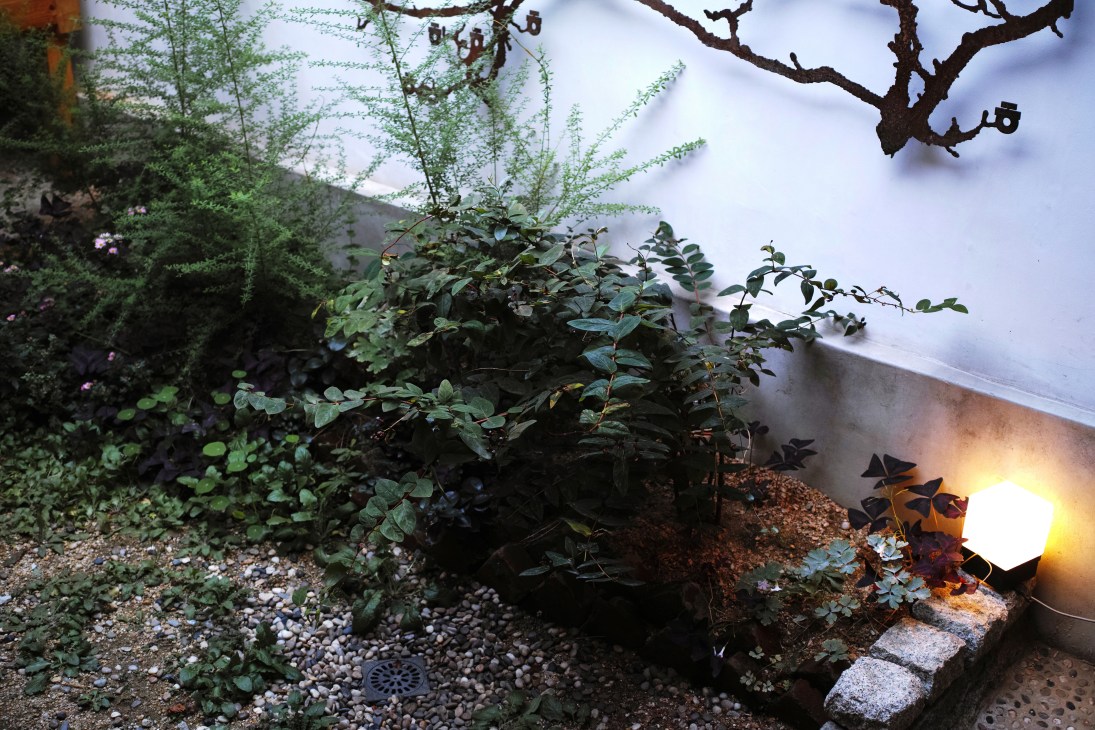 Restored courtyard garden of a Seoul hanok featuring plants, gravel, stone stepping path, and ambient lighting.