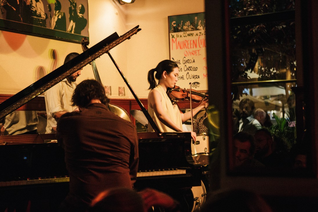 Musicians performing jazz at Café Central, Madrid's legendary 34-year-old jazz club.