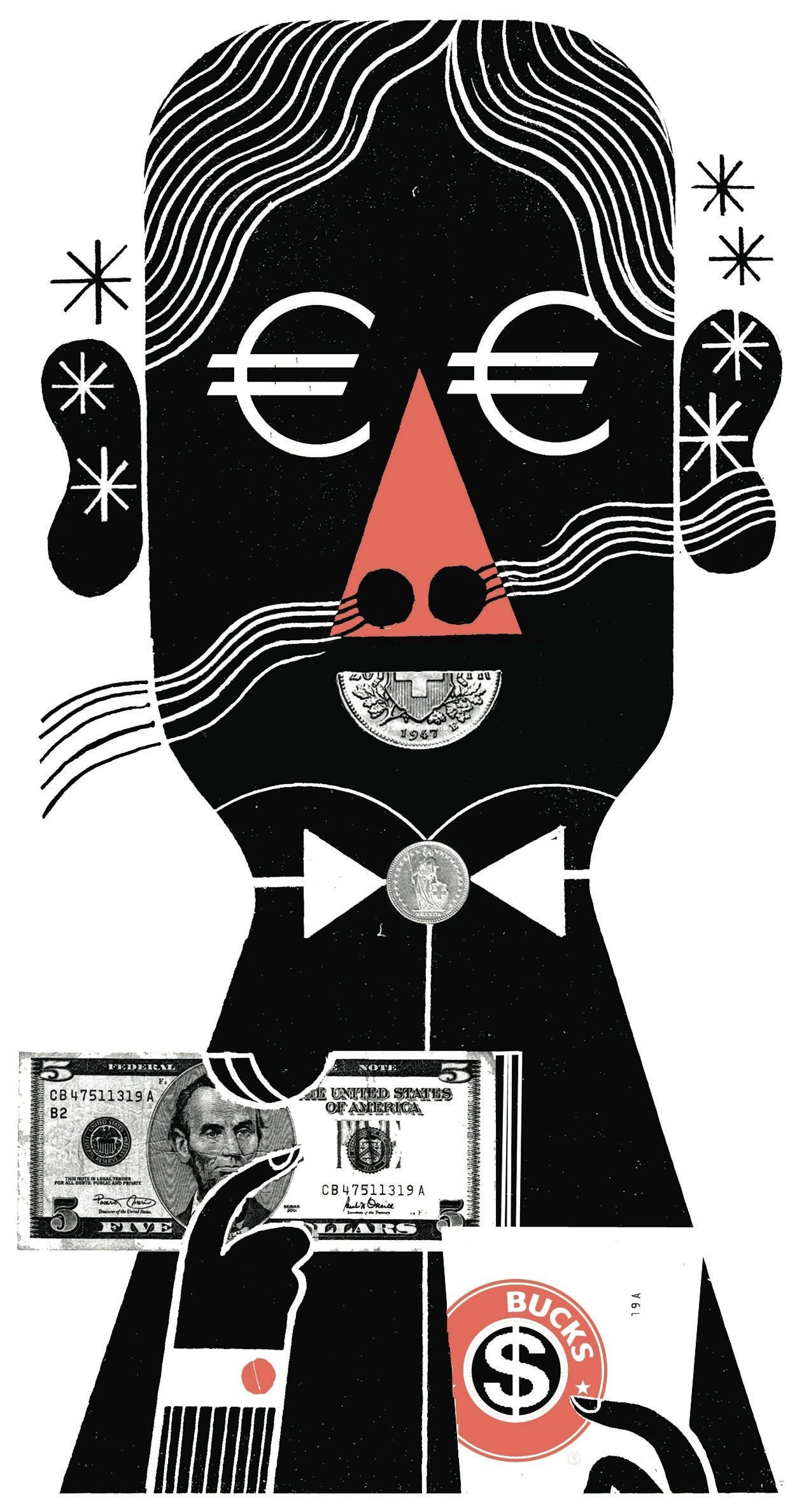 Stylized illustration of a figure with euro symbol eyes holding US dollar bills, representing international banking and finance.