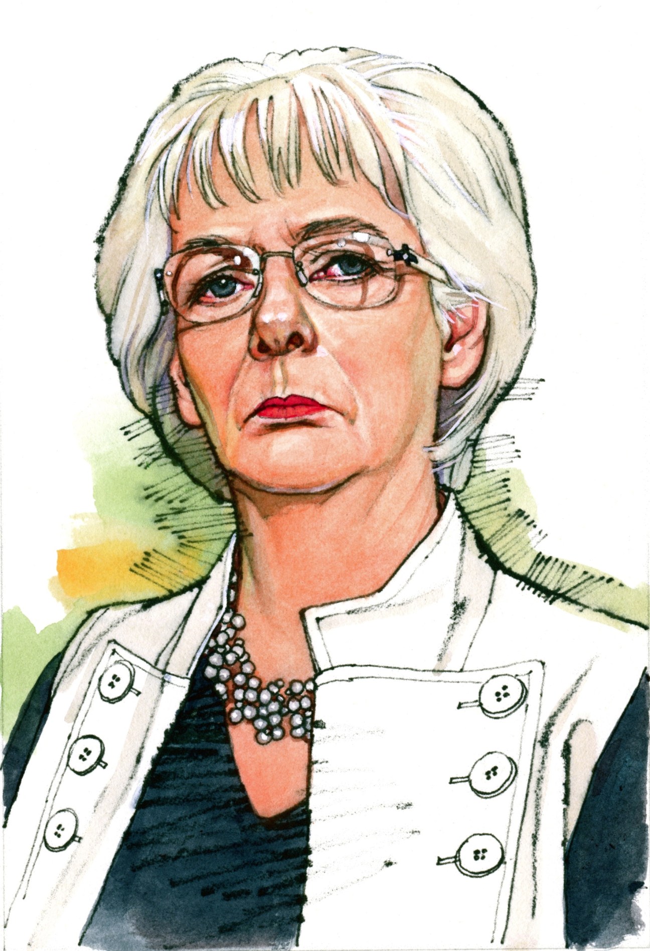 Illustration of Jóhanna Sigurdardóttir, an older woman with white hair and glasses wearing a light-colored blazer.