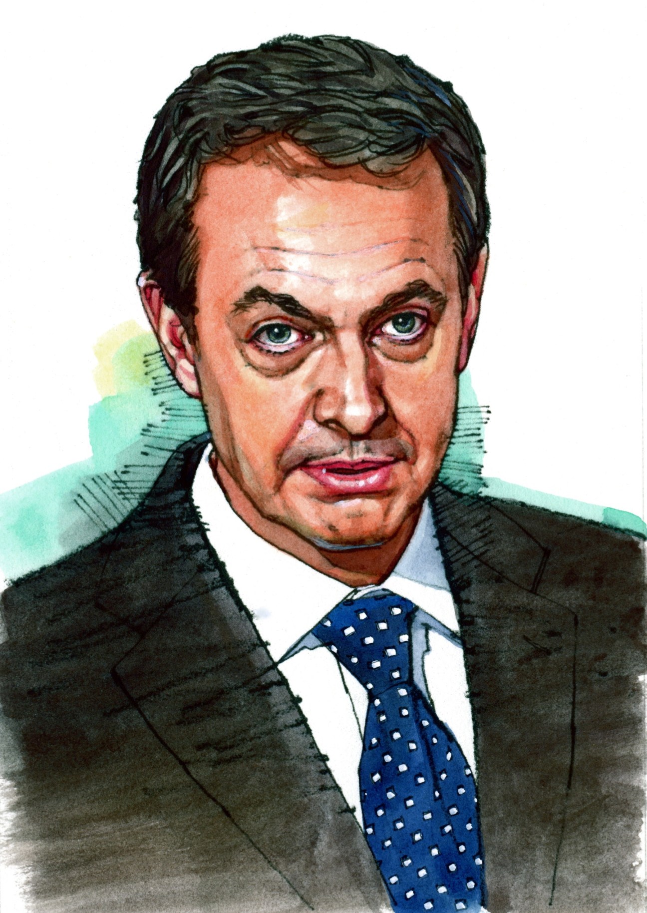 Portrait illustration of Rodriguez Zapatero wearing a dark suit and blue polka dot tie.