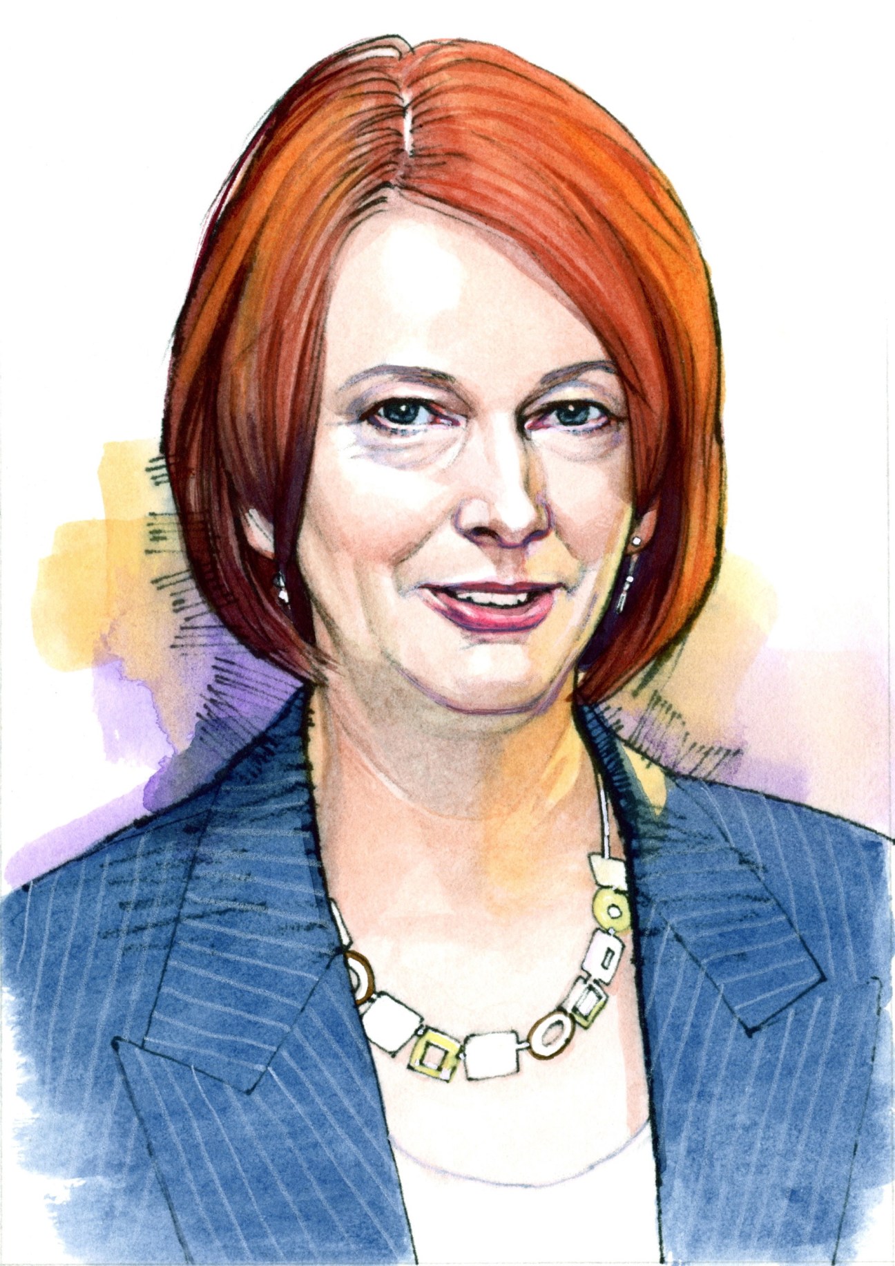 Illustration of Julia Gillard, Australian Prime Minister, with red hair wearing a blue blazer and geometric necklace.