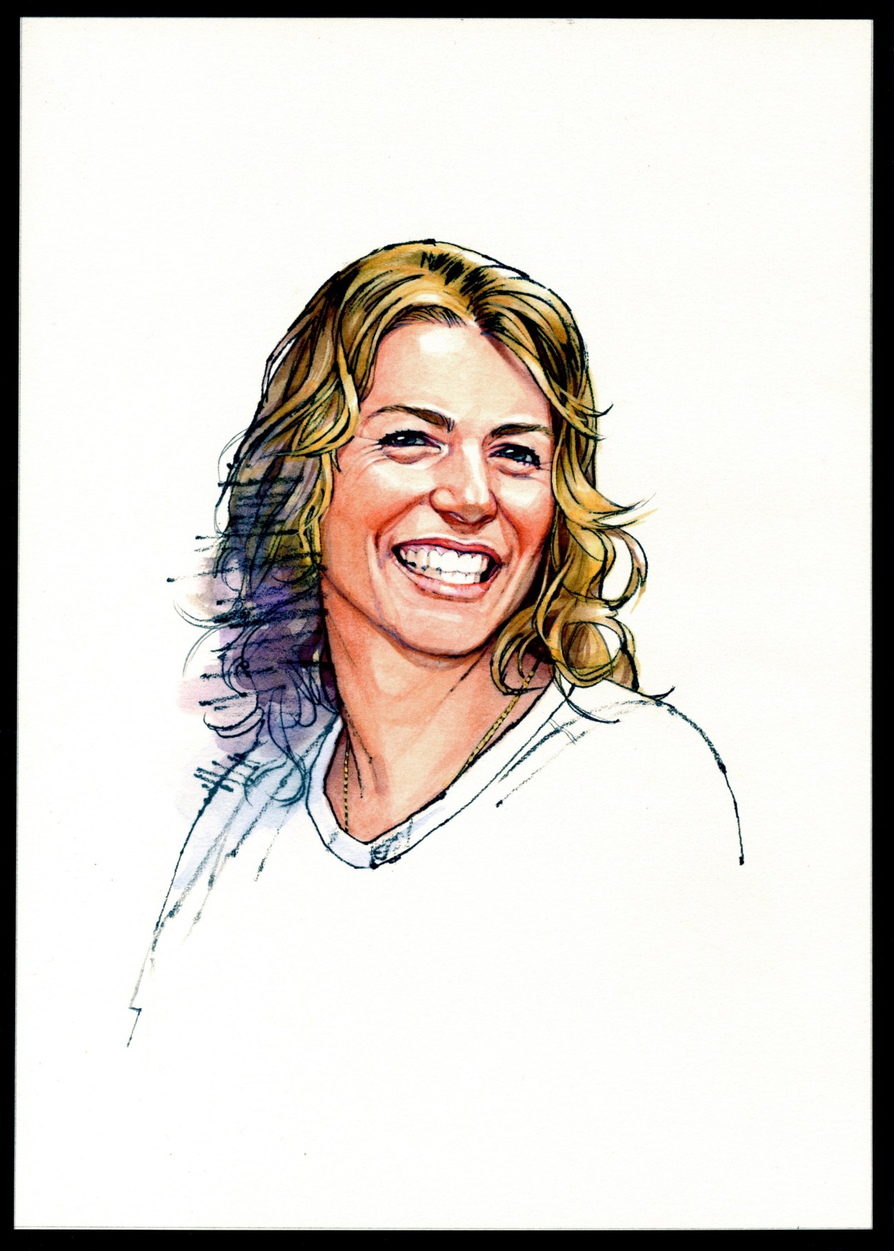 Illustration of Kate Rew, founder of the Outdoor Swimming Society, smiling with wavy blonde hair.