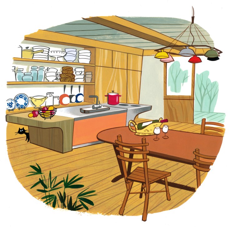 Illustration of a bright kitchen with wooden shelves, orange island counter, dining table, chairs, and black cat.
