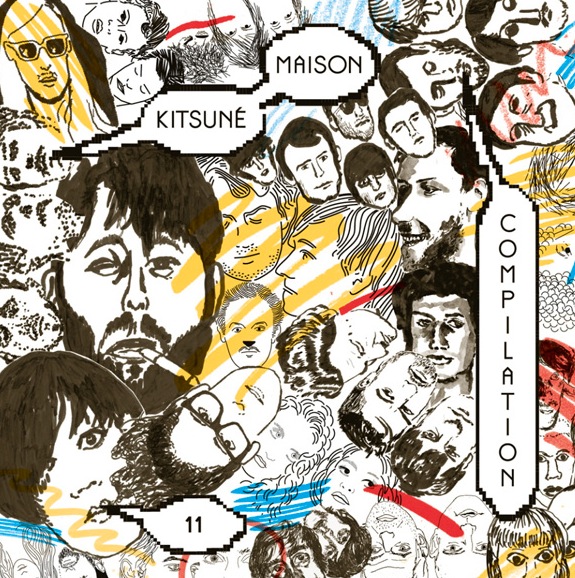 Kitsuné Maison compilation album cover with illustrated faces and yellow, black, and red graphic design elements.
