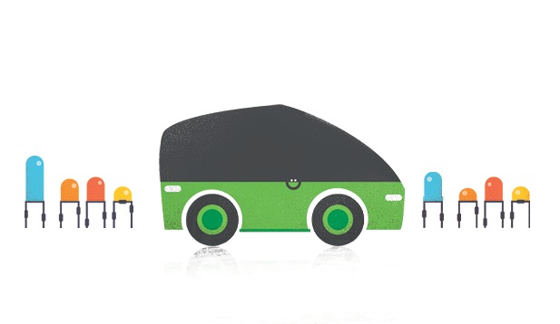 Illustration of a green bus with a dark roof surrounded by colorful LED bulbs on chair legs.