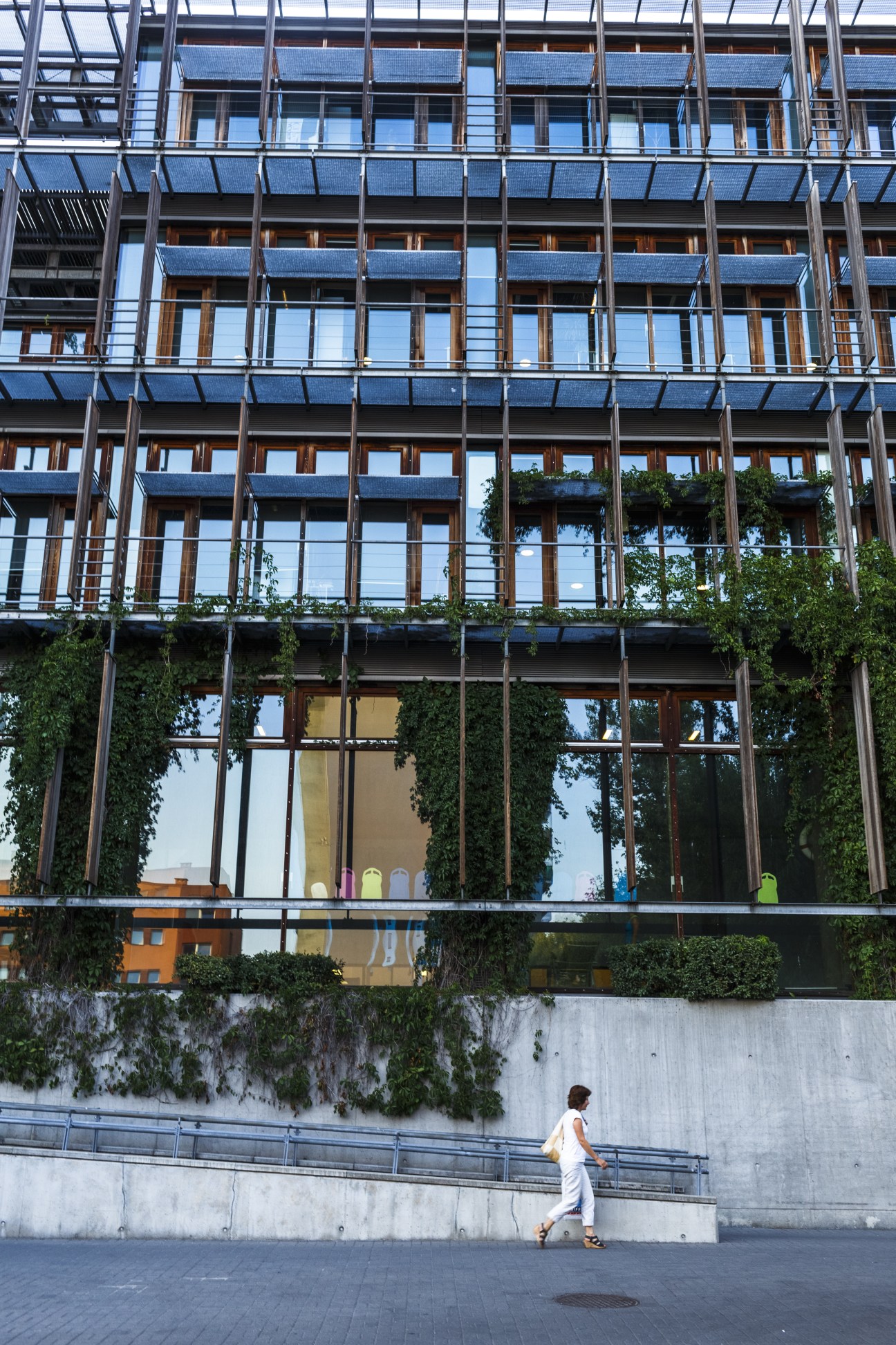 Gazeta Wyborcza's modern glass and cedar building facade with ivy-covered lower level and person jogging past.