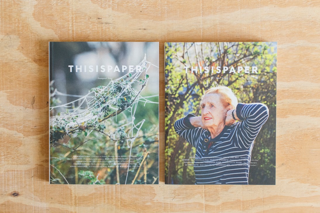 Two issues of Thisispaper magazine displayed on wooden surface with nature photography covers.