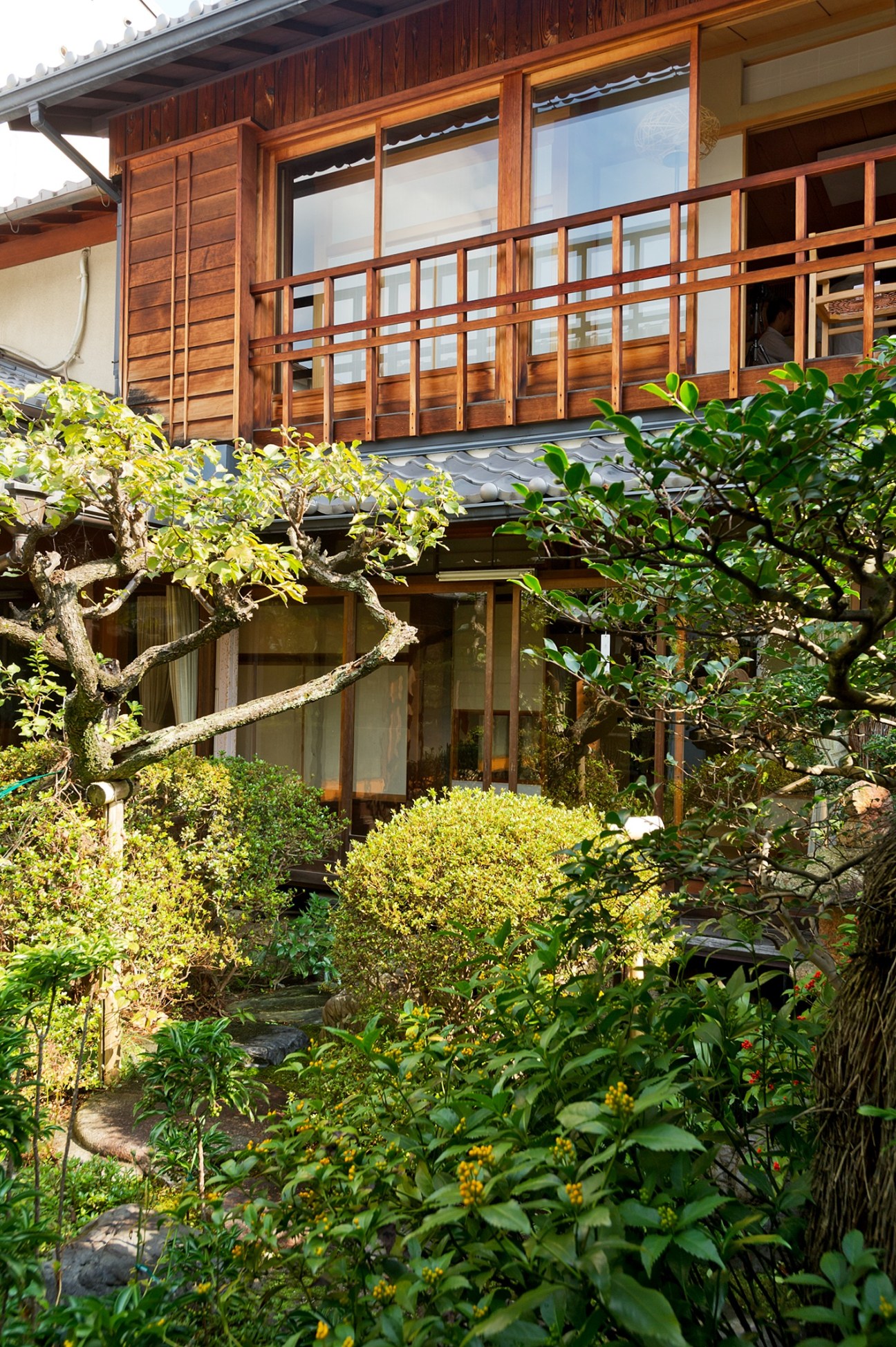 Traditional wooden Japanese building with lattice windows, surrounded by lush garden plants and bonsai trees.