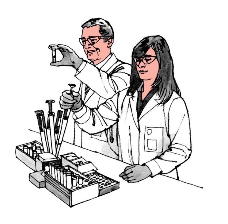 Illustration of two scientists in white lab coats examining samples at a laboratory workstation.
