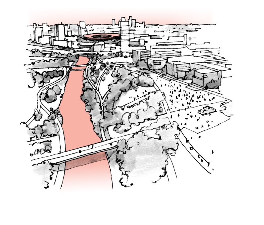Architectural illustration of the London Olympic Park with highlighted landscaping areas in pink.