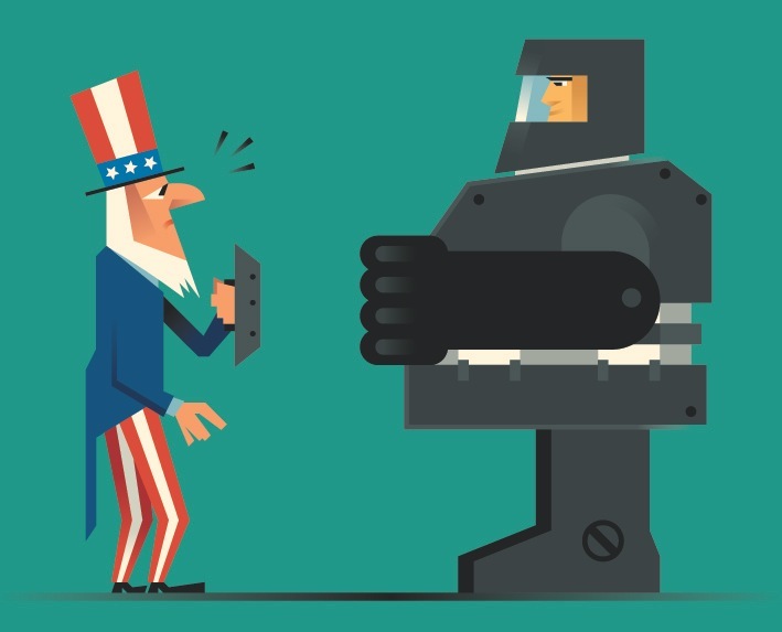 Illustration of Uncle Sam figure facing a robotic military machine on a teal background.