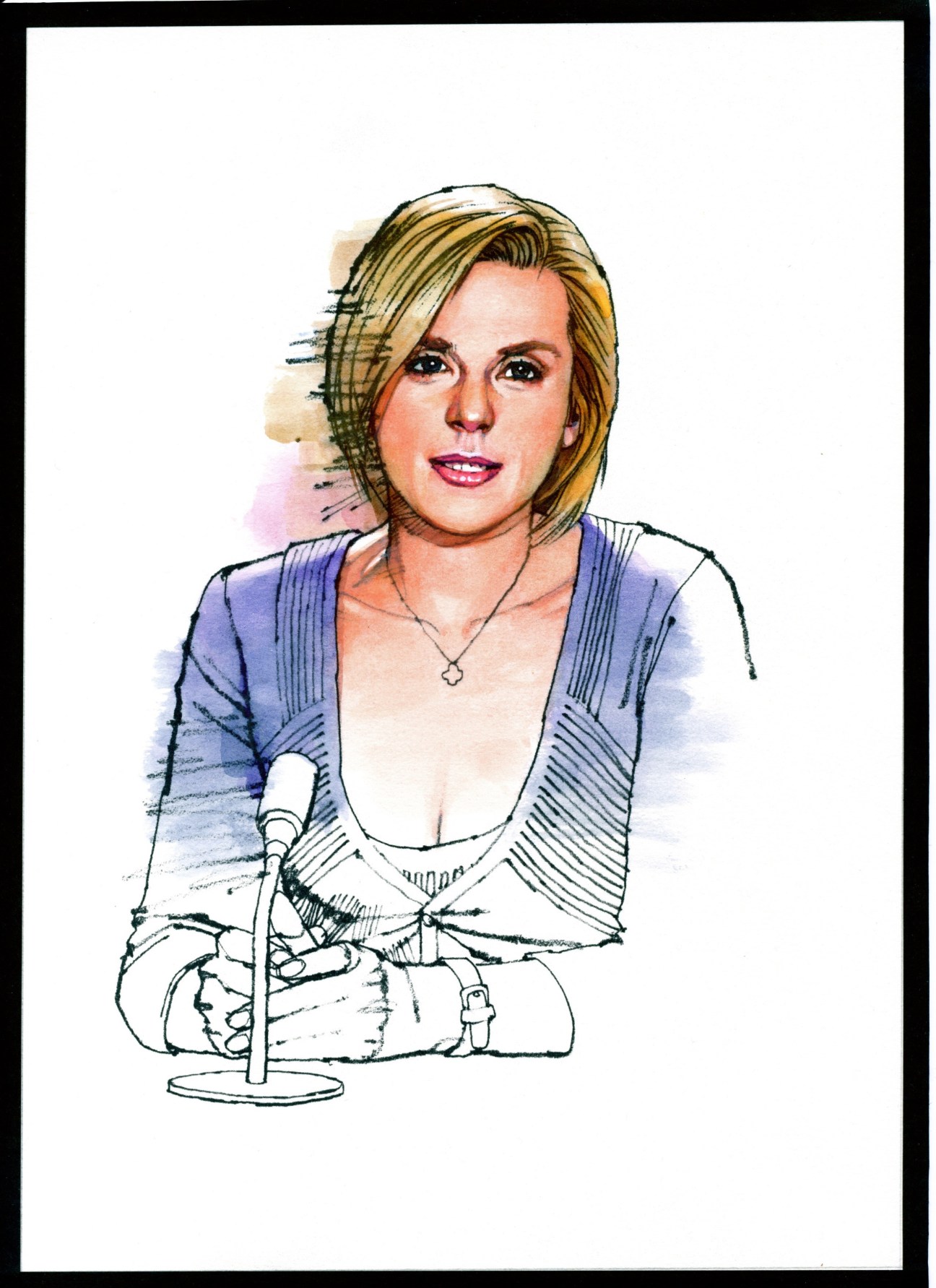 Illustration of Laurence Ferrari, a woman with blonde hair wearing a blue top at a microphone.