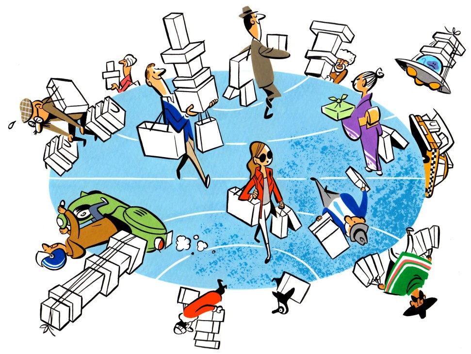 Illustration of diverse shoppers carrying packages on a world map, depicting global consumer shopping patterns.