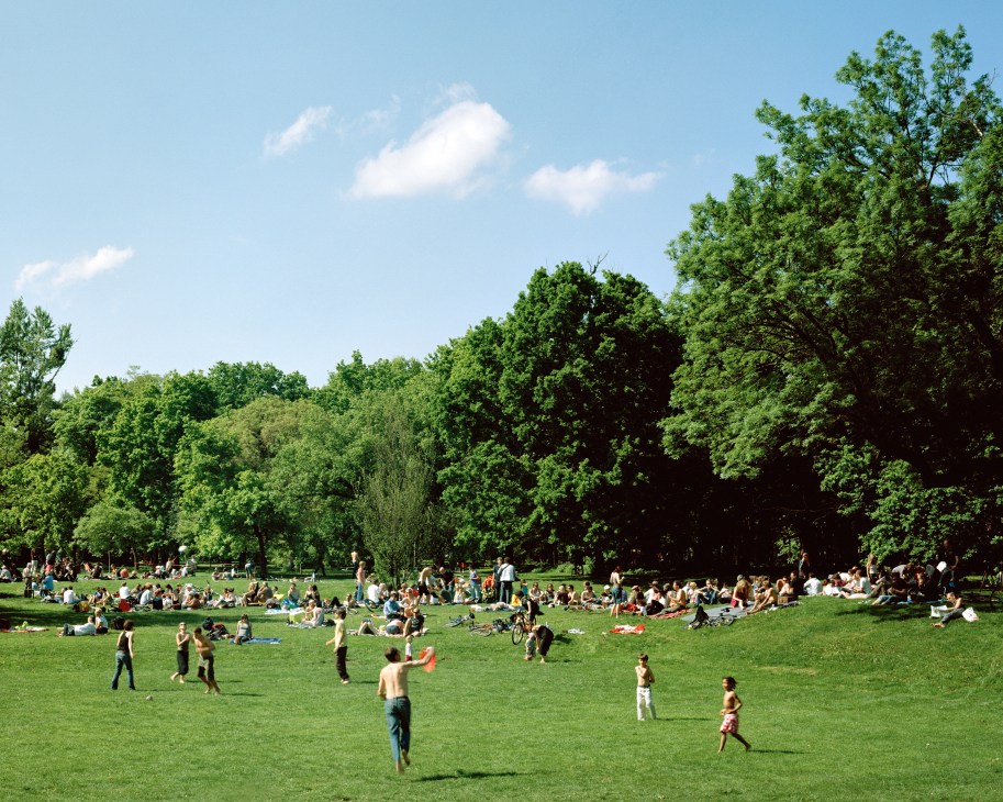 Crowds of people relaxing and playing in a large green park with tall trees under a blue sky.