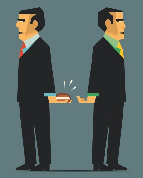 Illustration of two suited men in profile exchanging a hamburger and money in a trade.