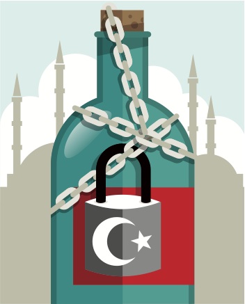 Illustration of a padlocked bottle with Turkish flag behind minarets.