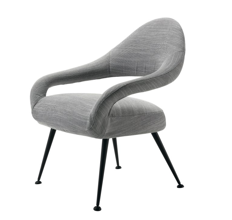 Grey upholstered club chair with curved backrest and black tapered legs.