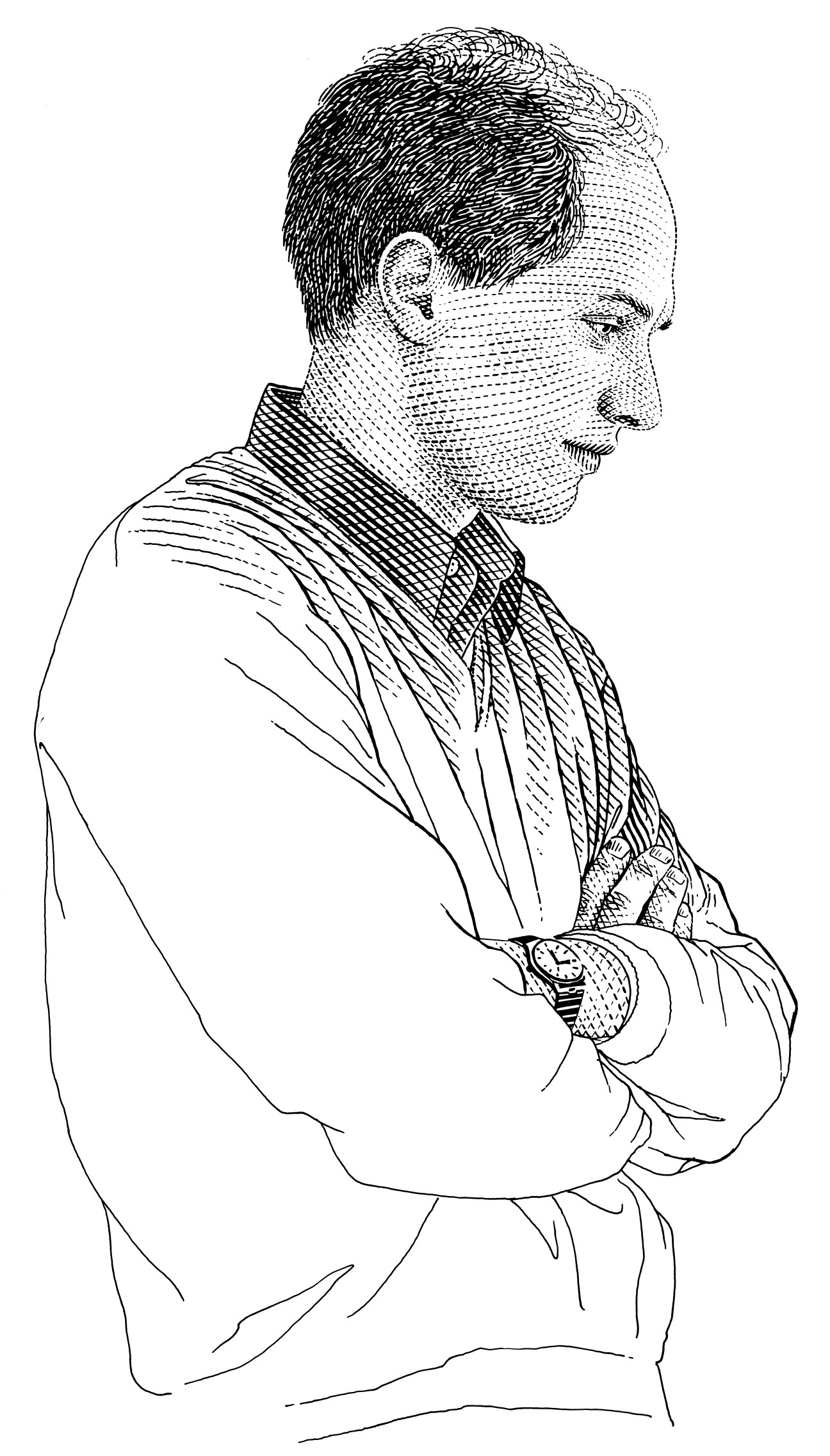 Line drawing portrait of Alain de Botton in profile, wearing a blazer and tie.