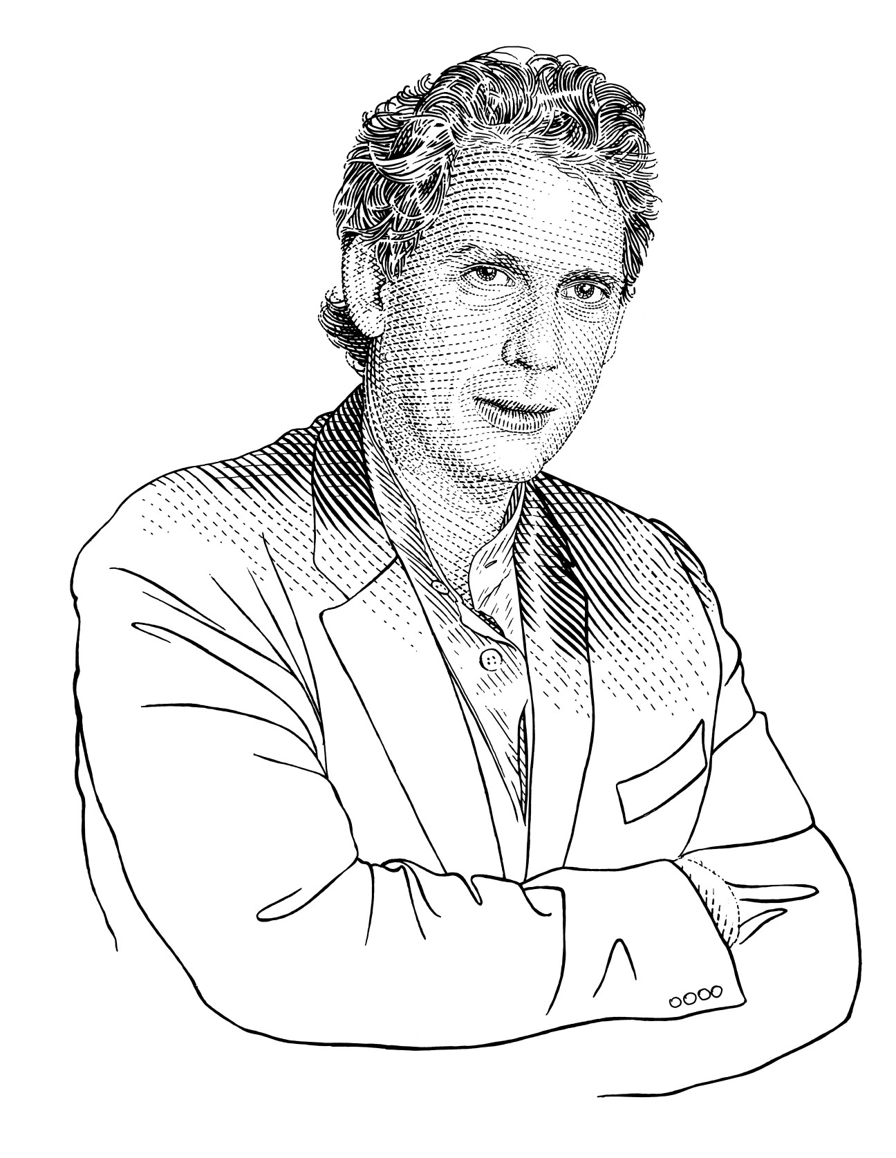 Portrait illustration of Ricky Burdett, a man with short wavy hair wearing a blazer and collared shirt.