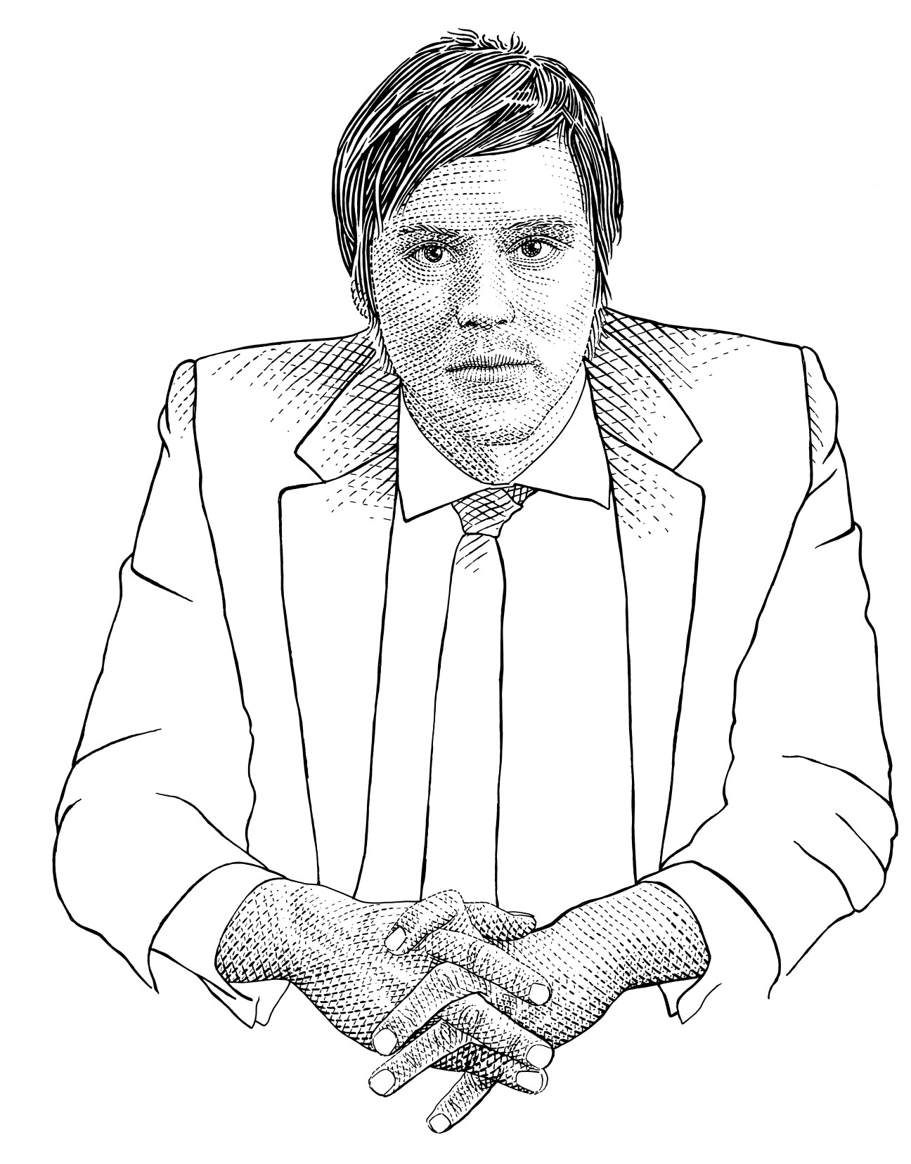 Pen and ink portrait illustration of Roope Mokka, founder of Demos Helsinki, wearing a business suit and tie.